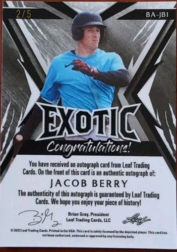 JACOB BERRY 2023 Leaf Exotic RC AUTO ALLIGATOR MOJO PRIZM SP #2/5 Miami Marlins