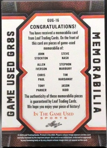 Allen IVERSON KIDD NASH John STOCKTON Chris PAUL 2024 Leaf GR8s Game Used JERSEY