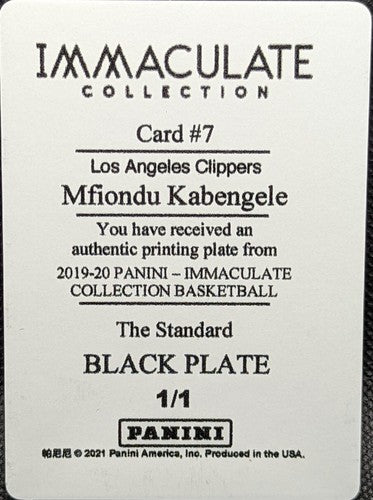MFIONDU KABENGELE 2019-20 Panini Immaculate RC PRINTING PLATE SP 1/1 Clippers of