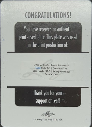 DEVIN ASKEW 2021-22 Leaf Pro Set Power RC AUTO PRINTING PLATE SP #1/1 Cal One of