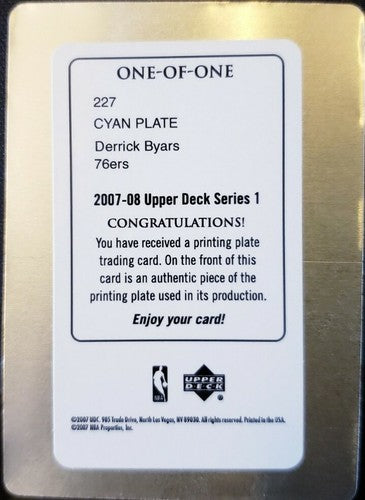 DERRICK BYARS 2007-08 Upper Deck Series Star PRINTING PLATE SP #1/1 76ers Spurs