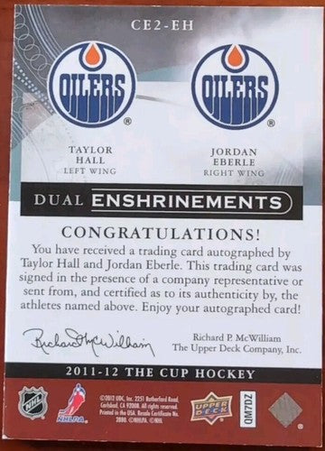 Taylor HALL Jordan EBERLE 2011-12 The Cup NHL Hockey DUAL Enshrinements AUTO /25