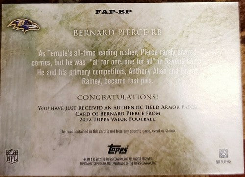 BERNARD PIERCE 2012 Topps Valor Speed Rookie Jersey PATCH #9/70 Baltimore Ravens