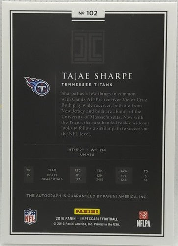 TAJAE SHARPE 2016 Panini Impeccable RC AUTO GOLD SP #6/10 Titans Vikings Falcons