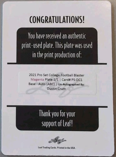DUSTIN CRUM 2021 Leaf Pro Set Blaster RC PRINTING PLATE SP 1/1 Chiefs Kent State