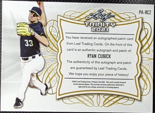 RYAN CUSICK 2021 Leaf Trinity DUAL AUTO Jersey BUTTON PATCH Black /10 Braves A's