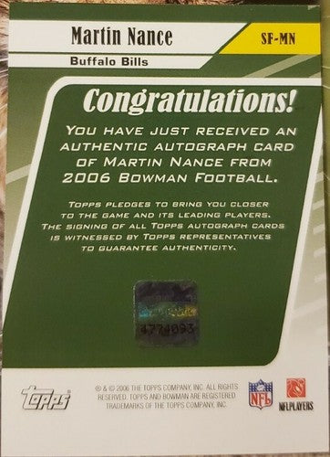 MARTIN NANCE 2006 Topps Bowman Signs of the Future RC AUTO Buffalo Bills #SF-MN