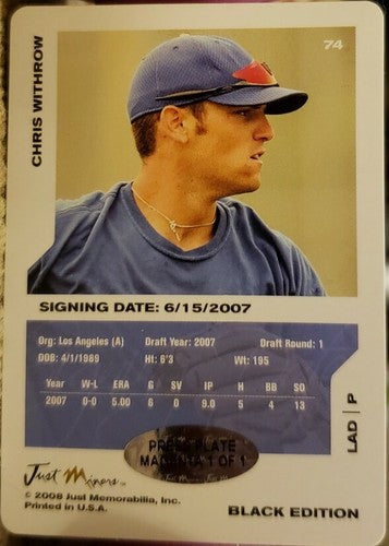 CHRIS WITHROW 2008 Just Minors Rookie Press PRINTING PLATE SP #1/1 of 1 Dodgers