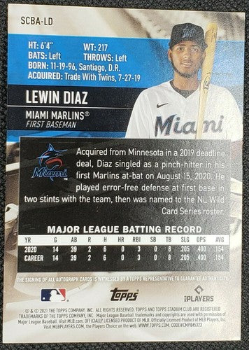 LEWIN DIAZ 2021 Topps Stadium Club Rookie RC AUTO SP Miami Marlins Twins SCBA-LD