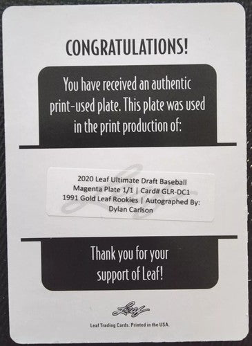 DYLAN CARLSON 2020 Leaf Ultimate Draft RC AUTO PRINTING PLATE #1/1 Cardinals of