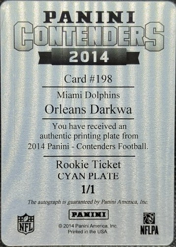 ORLEANS DARKWA 2014 Panini Contenders RC AUTO PRINTING PLATE SP #1/1 Dolphins of