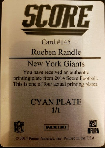 RUEBEN RANDLE 2014 Panini Score Cyan PRINTING PLATE SP #1/1 of 1 NY Giants Ruben