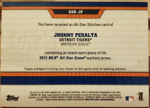 JHONNY PERALTA 2013 Topps All-Star Game Stitches Worn Used Workout Jersey Tigers