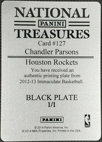 CHANDLER PARSONS 2012-13 Panini Immaculate PRINTING PLATE #1/1 Rockets Mavericks