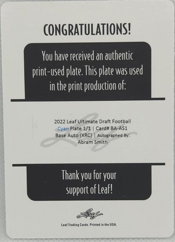 ABRAM SMITH 2022 Leaf Ultimate Draft RC AUTO PRINTING PLATE SP 1/1 Saints Baylor