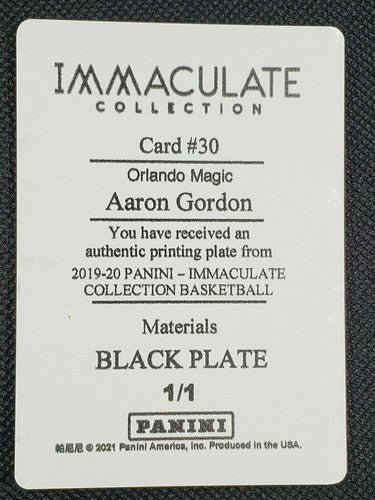 AARON GORDON 2019-20 Panini Immaculate Material PRINTING PLATE 1/1 Magic Nuggets