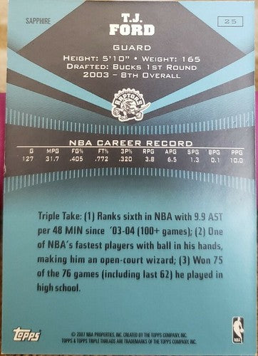 T.J. FORD 2006-07 Topps Triple Threads Sapphire Blue SP #/25 Toronto Raptors TJ
