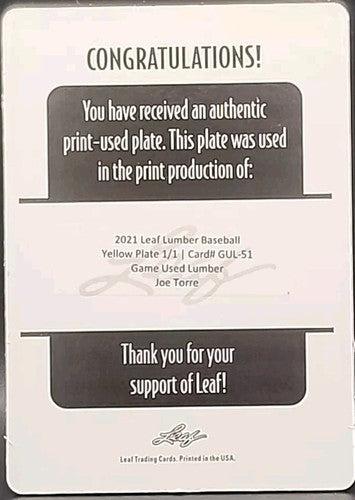 JOE TORRE 2021 Leaf Game Used Lumber PRINTING PLATE SP #1/1 of Yankees Cardinals