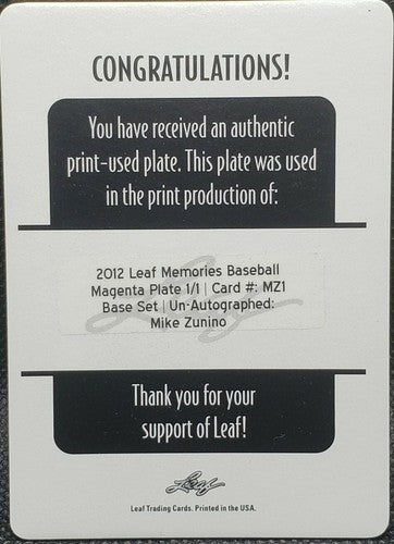 MIKE ZUNINO 2012 Leaf Memories RC PRINTING PLATE SP #1/1 Mariners TB Rays One of