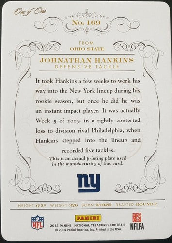 JONATHAN HANKINS 2013 Panini National Treasures PRINTING PLATE SP #1/1 NY Giants