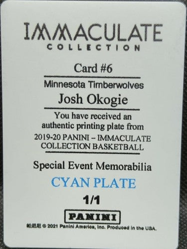 JOSH OKOGIE 2019-20 Panini Immaculate Rising Stars PRINTING PLATE #1/1 T-Wolves