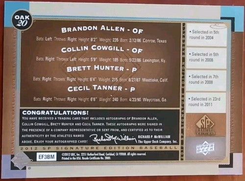 Collin COWGILL TANNER ALLEN Brett HUNTER 2012 SP Signature QUAD AUTO Oakland A's