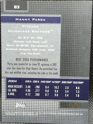 MANNY PARRA 2005 Topps Bowman's Best RC PRINTING PLATE #1/1 Brewers Reds One of