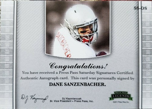 DANE SANZENBACHER 2011 Press Pass Legends Rookie AUTO Autograph Green #/99 Bears