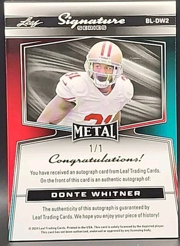 DONTE WHITNER 2024 Leaf Metal Signature Series AUTO BORDERLESS #1/1 49ers Bills