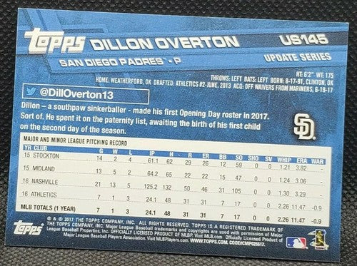 DILLON OVERTON 2017 Topps Mini Update Series GOLD SP #1/1 Padres A's Mariners