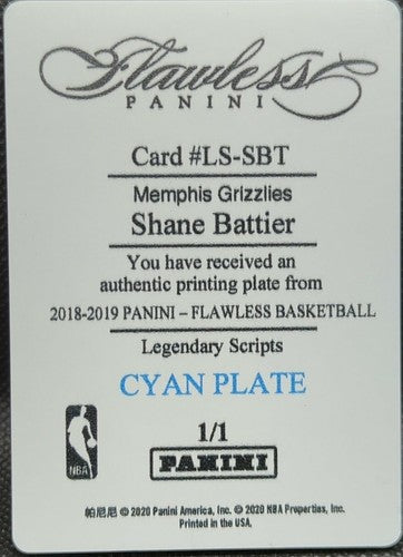 SHANE BATTIER 2018-19 Panini Flawless Script PRINTING PLATE 1/1 Grizzlies One of