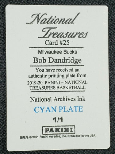 BOB DANDRIDGE 2019-20 National Treasures Archives Ink PRINTING PLATE #1/1 Bucks