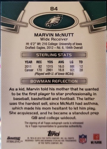 Marvin McNutt 2012 Topps Bowman Sterling Rookie AUTO SP Philadelphia Eagles RC