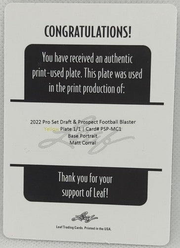 MATT CORRAL 2022 Pro Set Draft Prospect RC PRINTING PLATE #1/1 Panthers Patriots