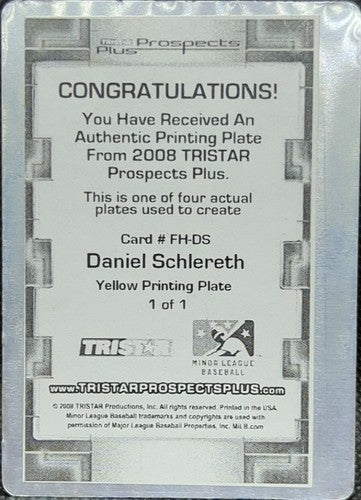 DANIEL SCHLERETH 2008 Tristar Prospects Plus RC AUTO PRINTING PLATE #1/1 Tigers