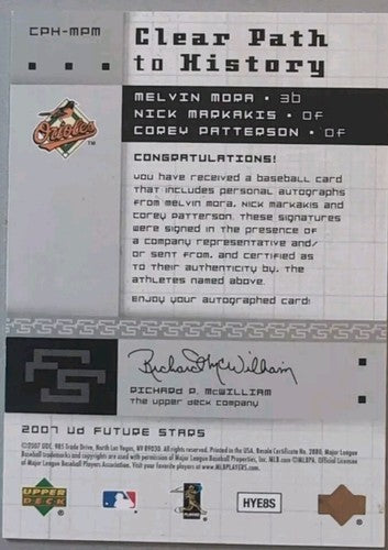 Nick MARKAKIS Melvin MORA Corey PATTERSON 2007 Future Stars TRIPLE AUTO Orioles