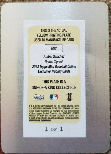 ANIBAL SANCHEZ 2013 Topps Mini PRINTING PLATE SP #1/1 Tigers Marlins Nationals