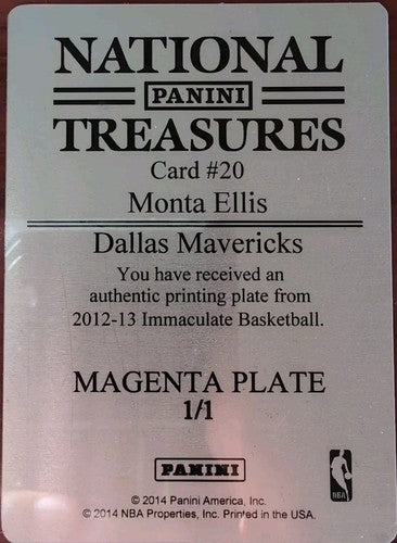 MONTA ELLIS 2012-13 Panini Immaculate PRINTING PLATE SP #1/1 Mavs Bucks Warriors