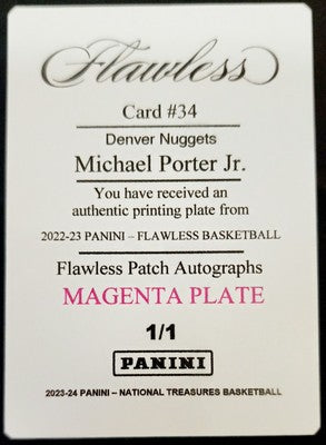 MICHAEL PORTER JR 2022-23 Panini Flawless Patch Auto PRINTING PLATE #1/1 Nuggets