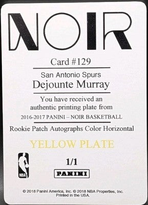 DEJOUNTE MURRAY 2016-17 Panini Noir RC PRINTING PLATE #1/1 Spurs Hawks Pelicans