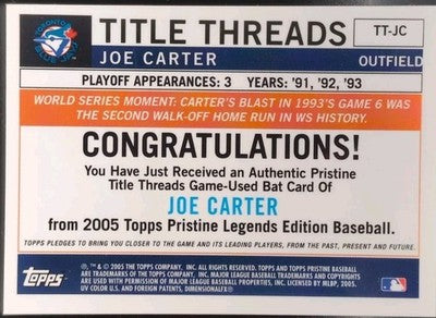 JOE CARTER 2005 Topps Pristine Legends GAME USED BAT Relic Memorabilia Blue Jays