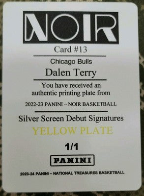 DALEN TERRY 2022-23 Panini Noir Silver Screen Debut PRINTING PLATE SP #1/1 Bulls
