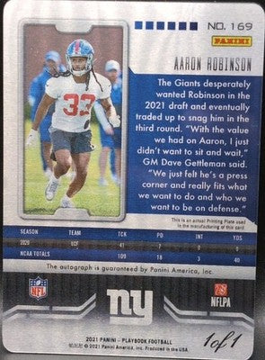 AARON ROBINSON 2021 Panini Playbook RC AUTO PRINTING PLATE SP #1/1 of Giants UCF