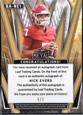NICK EVERS 2024 Leaf Metal AUTO Green Lasers SP #1/1 of Sooners Badgers Huskies