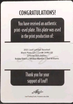 Mickey MANTLE Ted WILLIAMS Bobby DOERR 2021 Leaf Lumber PRINTING PLATE SP 1/1 of