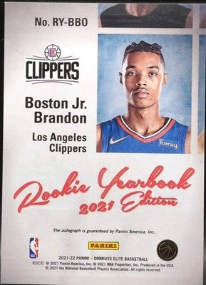 BRANDON BOSTON JR 2021-22 Panini Elite Yearbook RC AUTO Red Gold SP /10 Clippers
