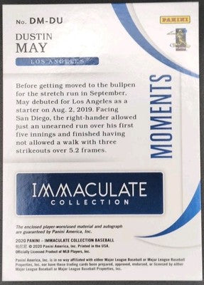 DUSTIN MAY 2020 Panini Immaculate RC DUAL AUTO BAT JERSEY SP /49 Dodgers Red Sox