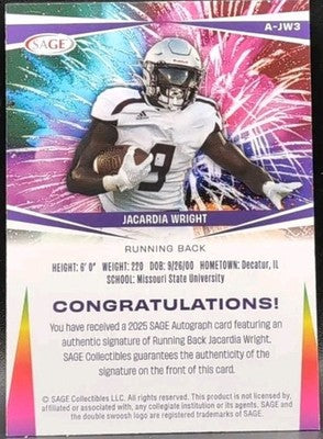 JACARDIA WRIGHT 2025 SAGE High Series Red RC AUTO Seahawks Kansas Missouri State