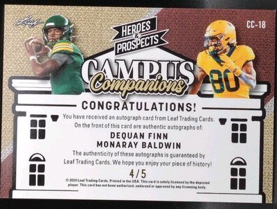 Monaray BALDWIN Dequan FINN 2024 Leaf Heroes & Prospects DUAL RC AUTO #/5 Baylor