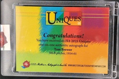 TOM BREWER 2025 Historic Autographs Uniques CUT AUTO SP #1/1 of 1954-61 Red Sox